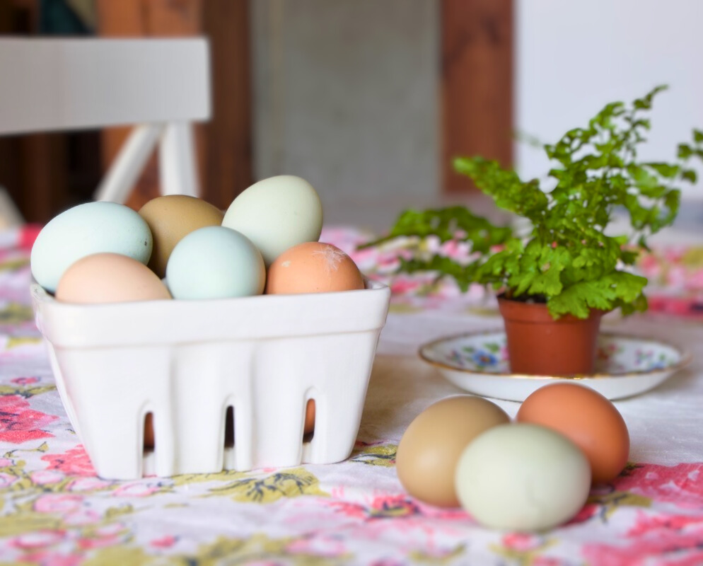 basket of eggs on a flower table cloth with a small fern on the side