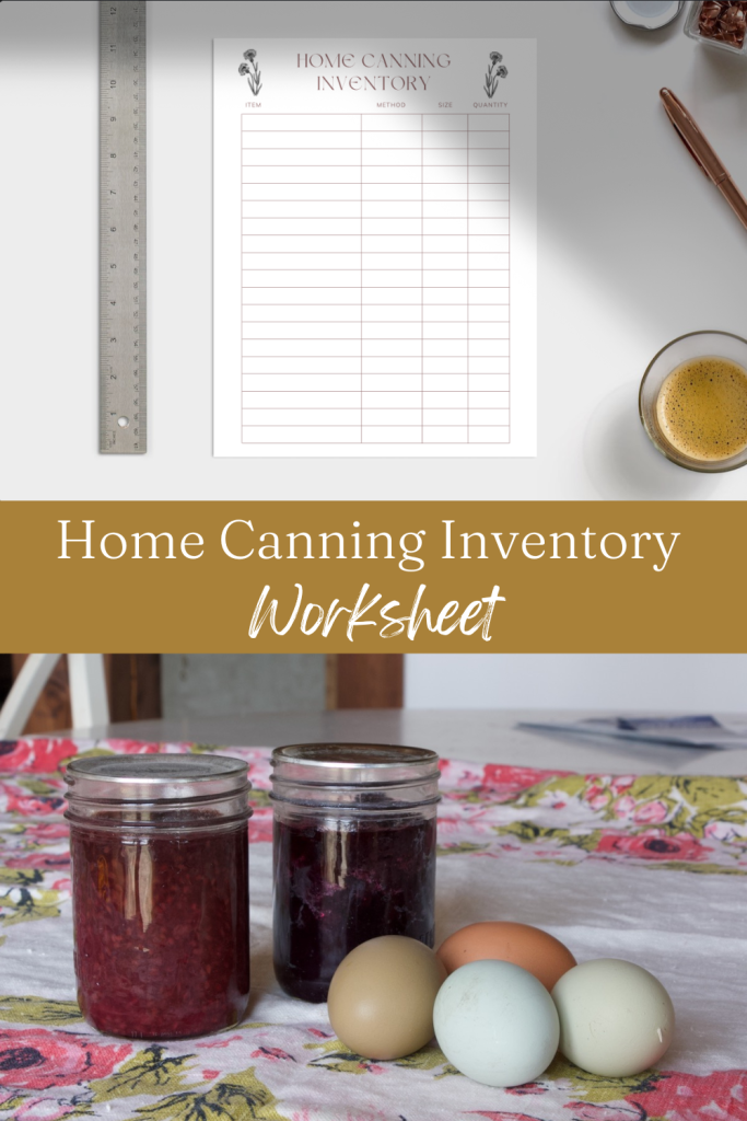 Inventory worksheet on a table with a pen, ruler and cup of coffee.  Below, 2 jars of home canned jam and eggs on a flower table cloth