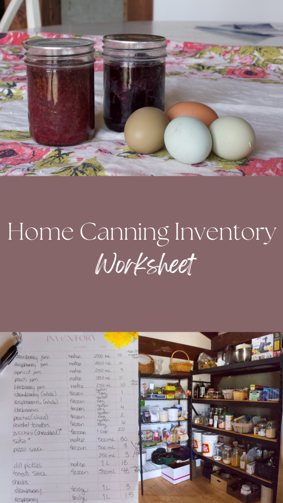 home canning inventory Pinterest pin.  With multiple pantry images.