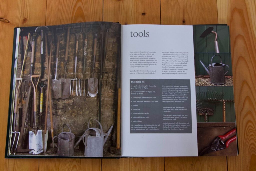 Inside photo of a book describing garden tools