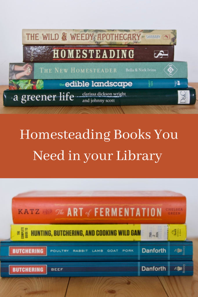 2 stacks of homesteading books on a wood floor with a white background