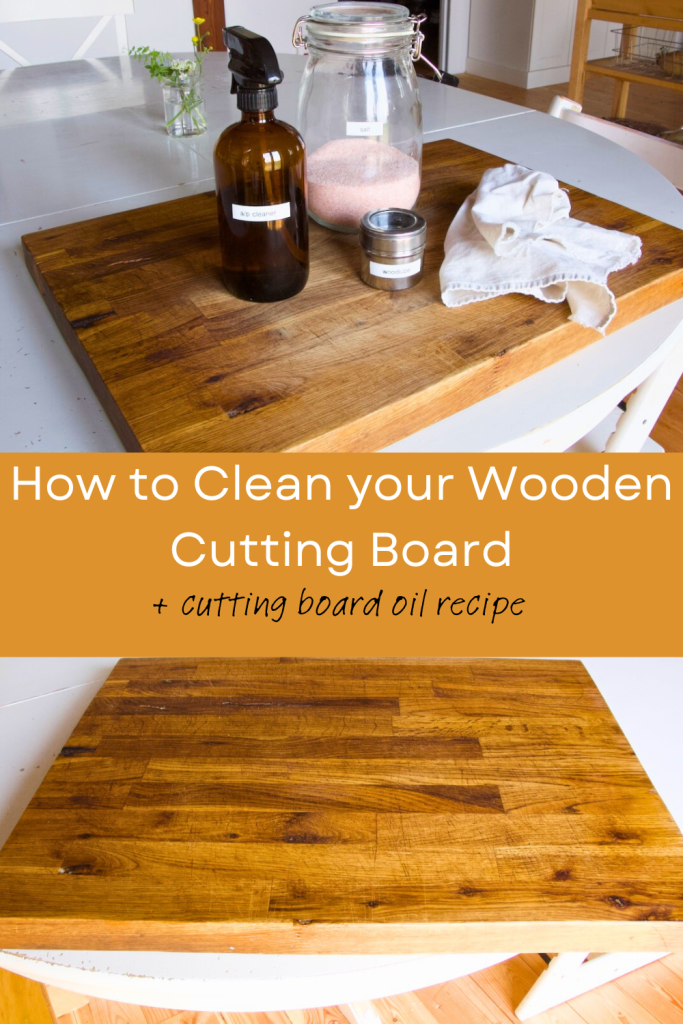 wooden cutting board on a white table with cleaning supplies on top.  a photo of the cleaned and finished wooden cutting board is below