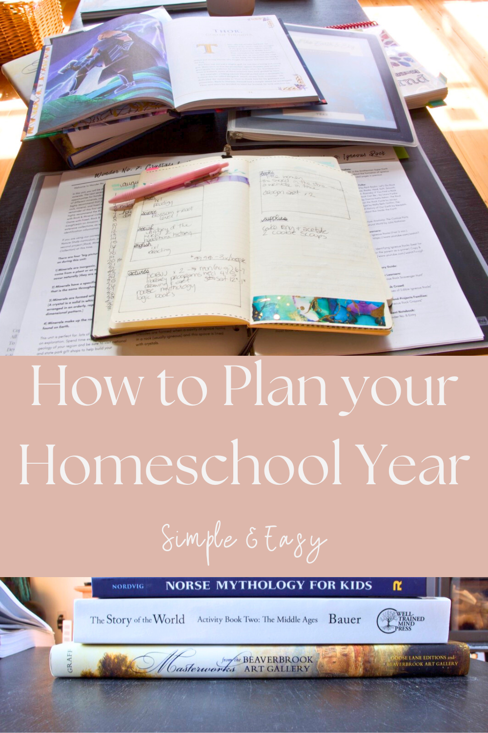 a stack of books, notebooks and pink pen on a black table all used for planning your homeschool year
