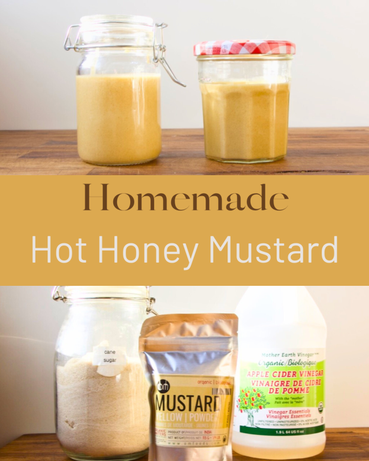 jars of hot honey mustard and the ingredients for hot honey mustard on a wooden board