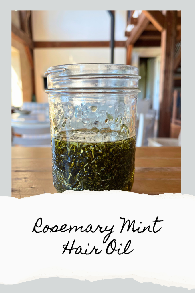 jar of olive oil and dried rosemary and mint on a wooden counter